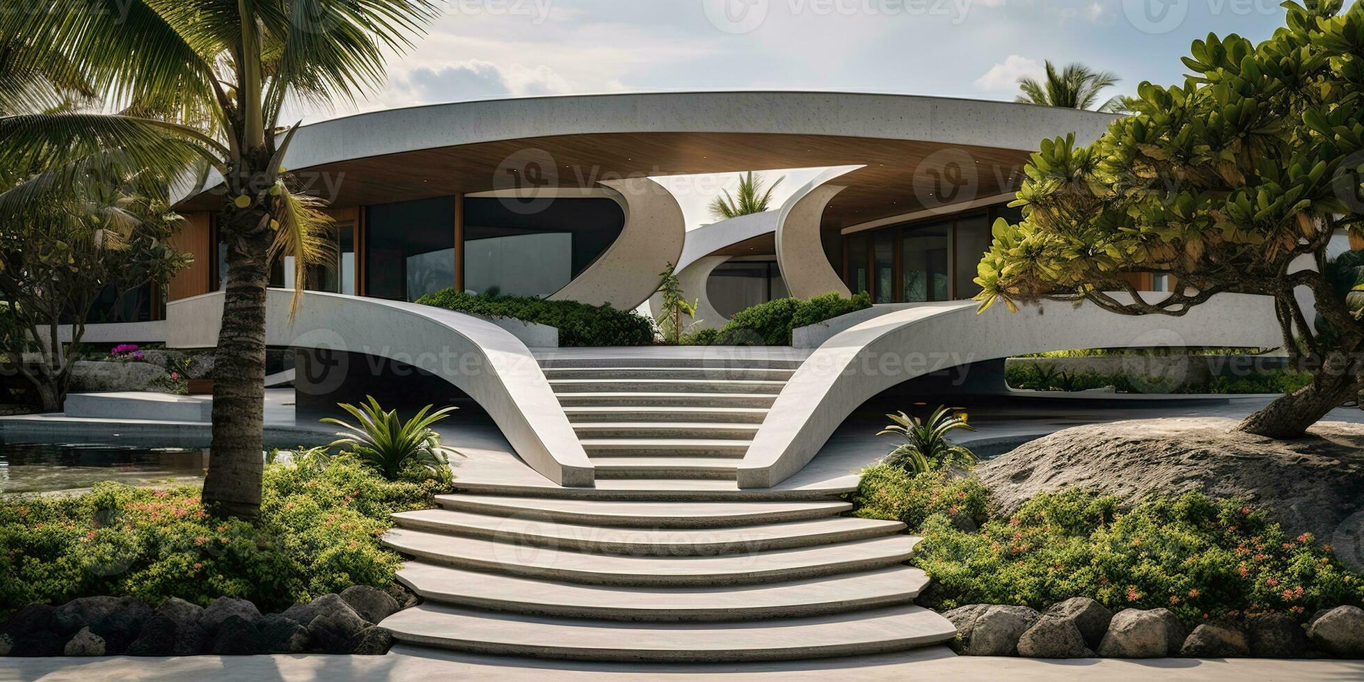 Generative AI, modern luxury house with lush tropical garden. Villa, hotel resort, architectural photography in the style of futuristic curves photo