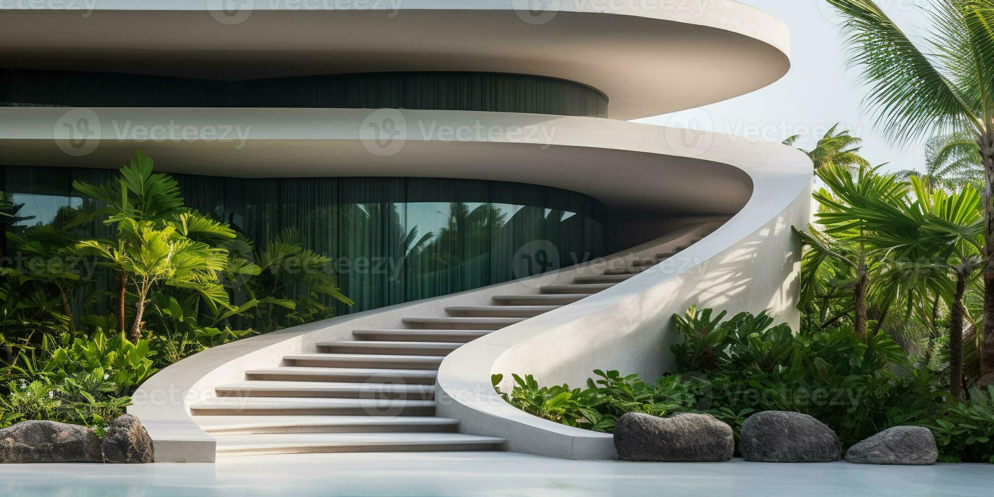 Generative AI, modern luxury house with lush tropical garden. Villa, hotel resort, architectural photography in the style of futuristic curves photo