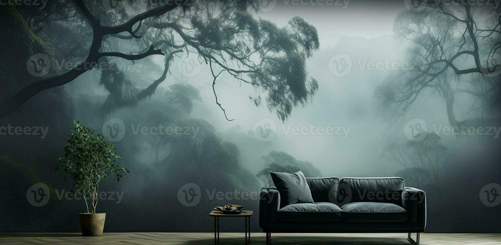 Generative AI, Interior design with couch, sofa and wallpaper of fir forest beautiful landscape in hipster vintage retro style, foggy mountains and trees. photo