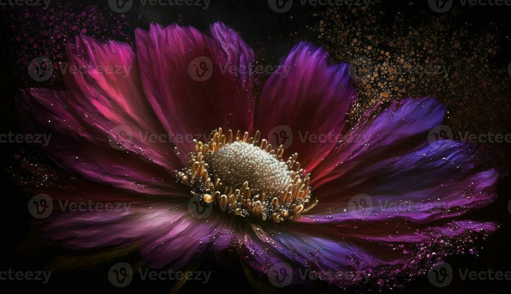 Generative AI, Close up of blooming flowerbeds of amazing viva magenta flowers on dark moody floral textured background with golden particles. Photorealistic paint effect. photo