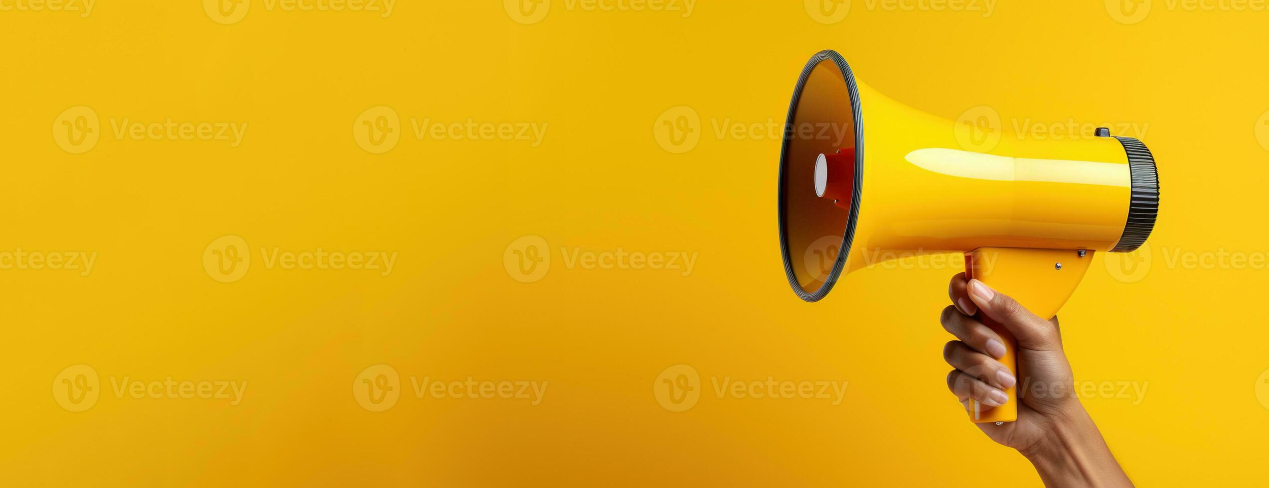 generativo ai, megáfono en mano en un vacío amarillo fondo, panorámico imagen con Copiar espacio foto