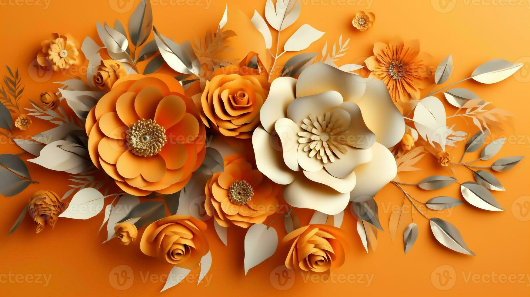 Generative AI, Paper cut craft flowers and leaves, apricot crush orange color, origami textured background, spring mood. Floral frame layout. photo