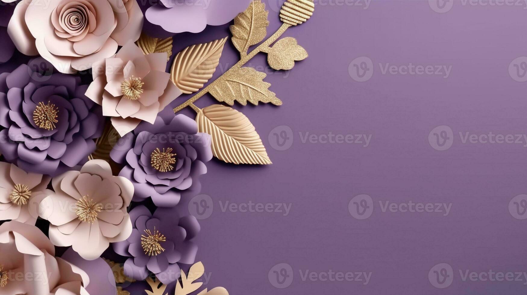 generativo ai, papel cortar arte flores y dorado hojas, ligero púrpura, digital lavanda color, floral origami texturizado fondo, primavera humor. foto