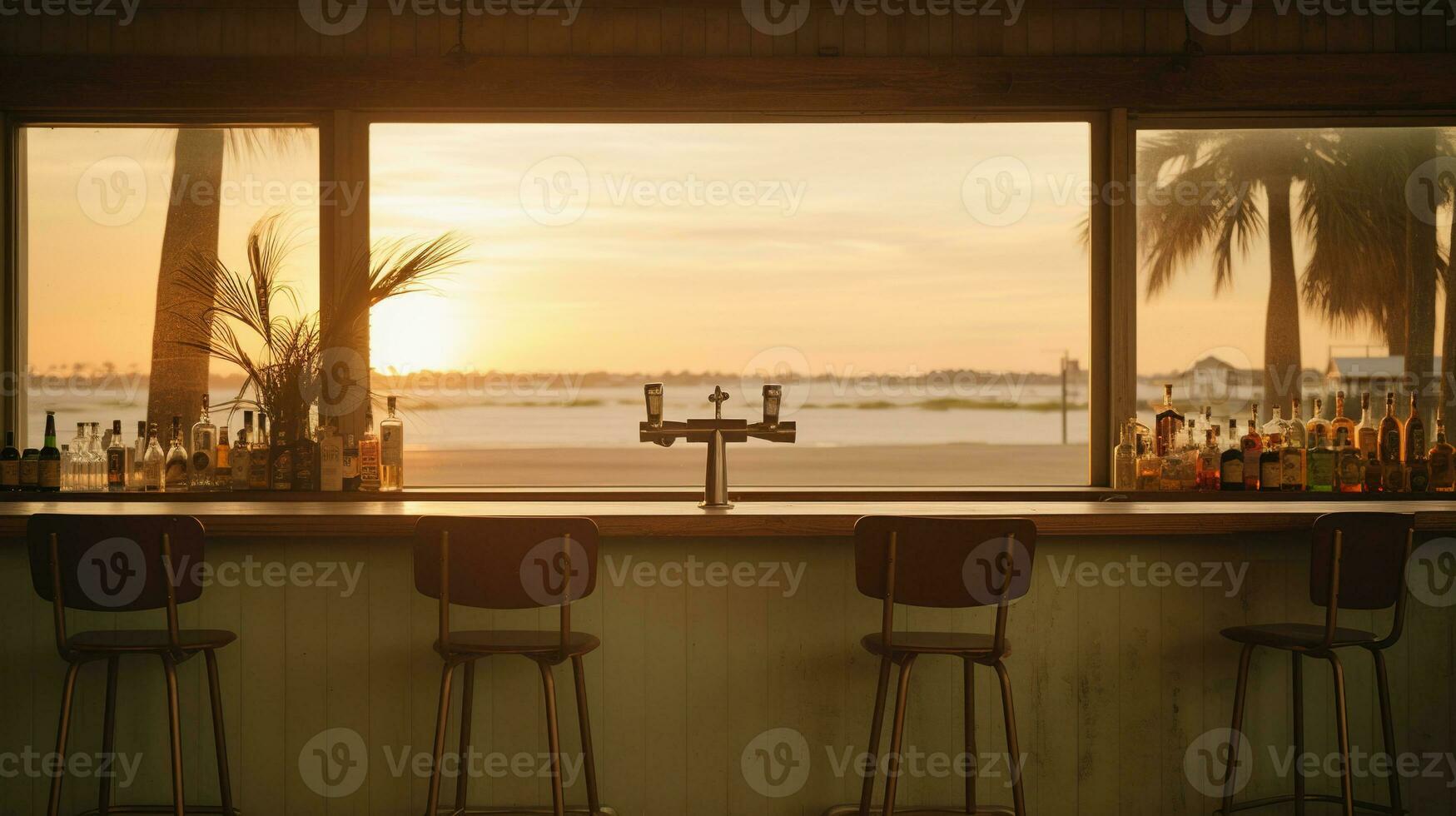 Generative AI, summer sunset beach bar background. Outdoor restaurant, Led light candles and wooden tables, chairs under beautiful sunset sky, sea view. photo