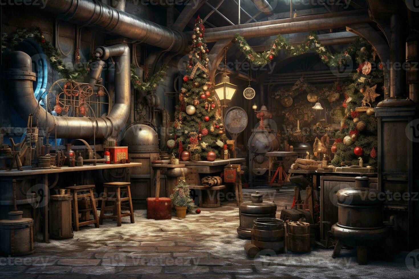 Generative AI, Christmas interior rural background, Santa Claus rustic workshop photo