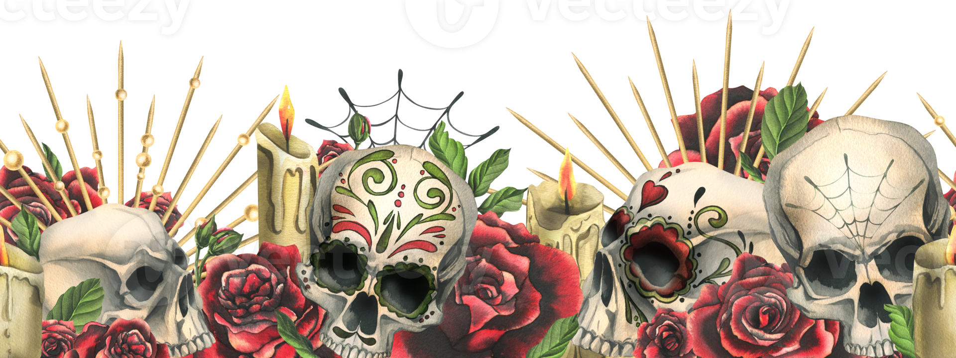 Human skulls with an ornament, red roses in a golden crown, candles, cobwebs. Hand drawn watercolor illustration for Halloween, day of the dead, Dia de los muertos. Seamless board png