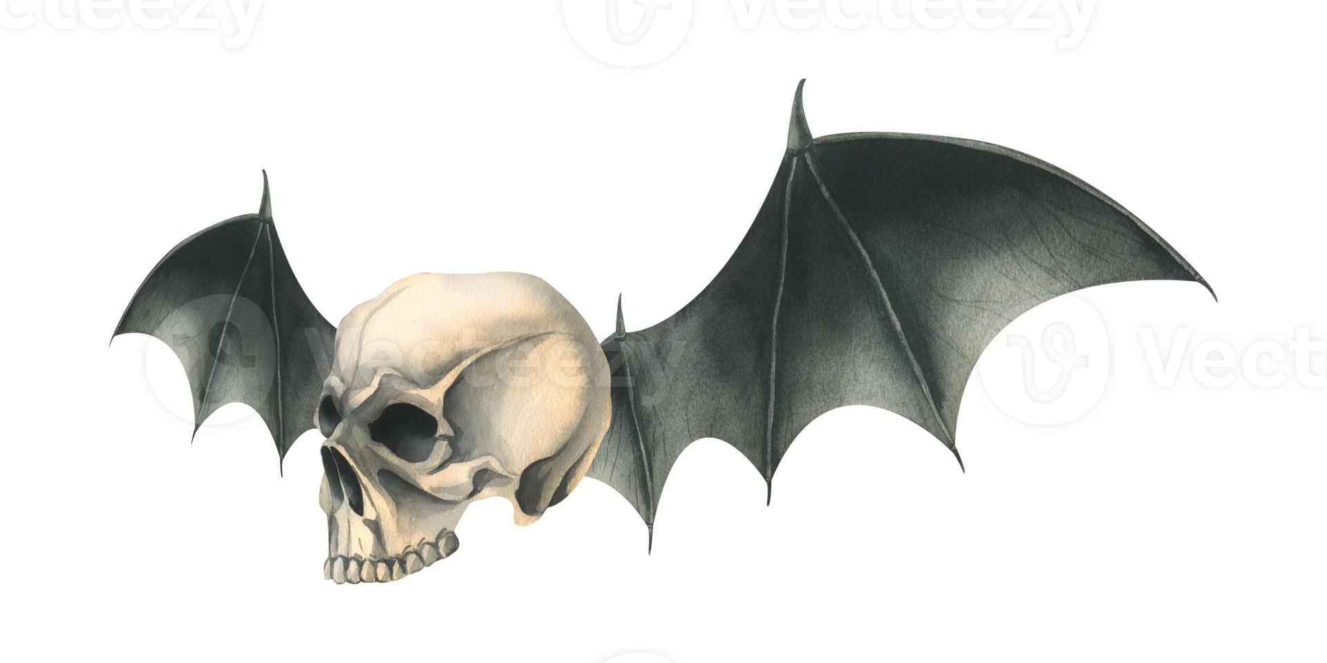 Side view human skull with black bat wings for death day holiday and halloween. Watercolor illustration, hand drawn. Isolated composition png