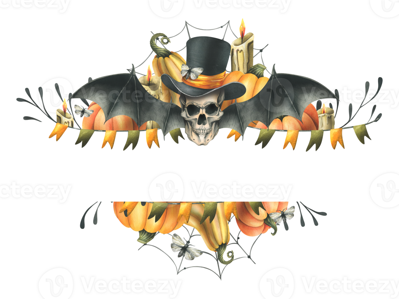 Human skull, black top hat with orange pumpkins, branches, candles and autumn maple leaves. Hand drawn watercolor illustration for Halloween. Frame, template png