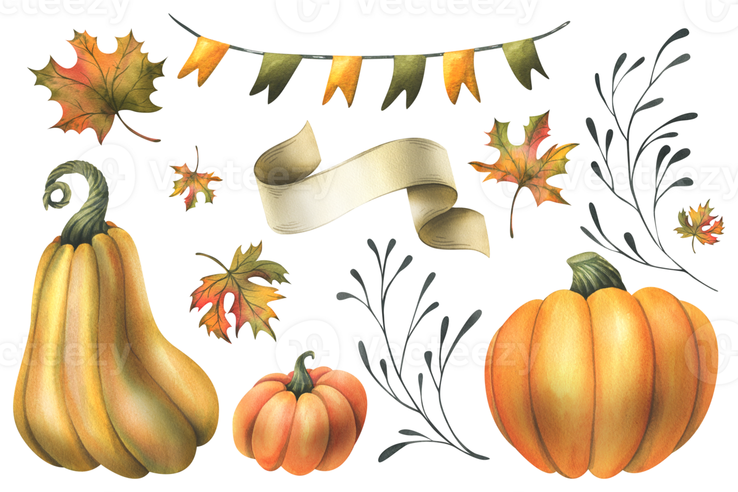 Orange autumn pumpkins with maple leaves, garland flags, twigs and paper roll blank template for text. Watercolor illustration, hand drawn. Set of isolated elements png