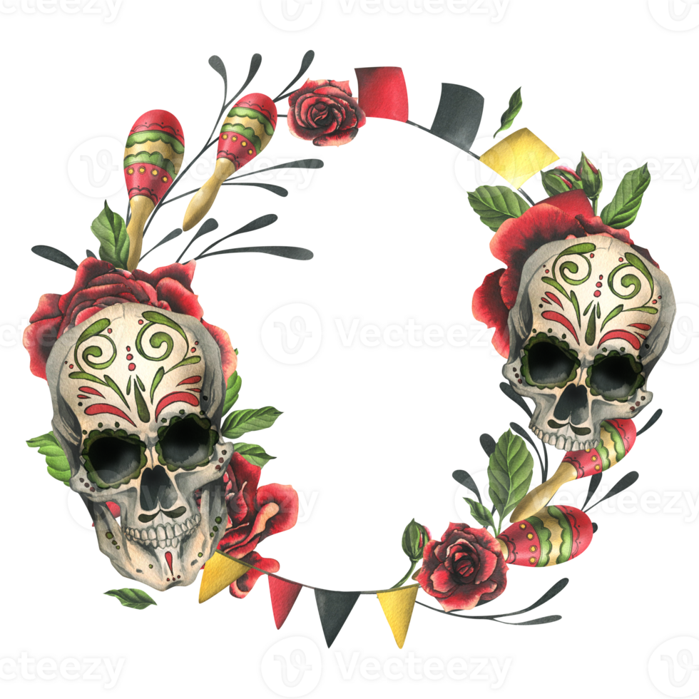 Ornamented human skulls with red roses, candles, maracas and flags. Hand drawn watercolor illustration for day of the dead, halloween, Dia de los muertos. Circle frame, template png