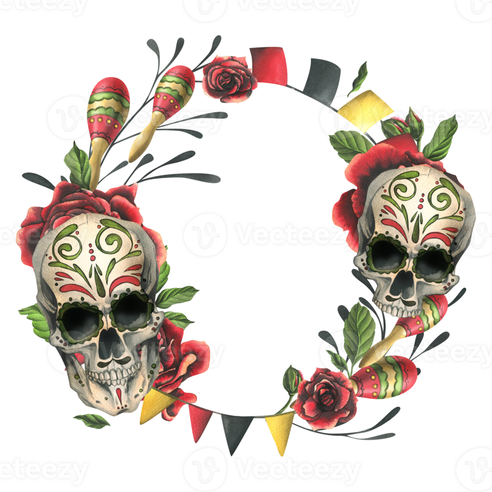 verziert Mensch Schädel mit rot Rosen, Kerzen, Maracas und Flaggen. Hand gezeichnet Aquarell Illustration zum Tag von das tot, Halloween, dia de los Muertos. Kreis rahmen, Vorlage png