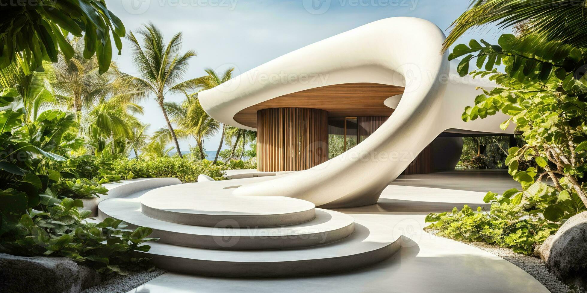 Generative AI, modern luxury house with lush tropical garden. Villa, hotel resort, architectural photography in the style of futuristic curves photo