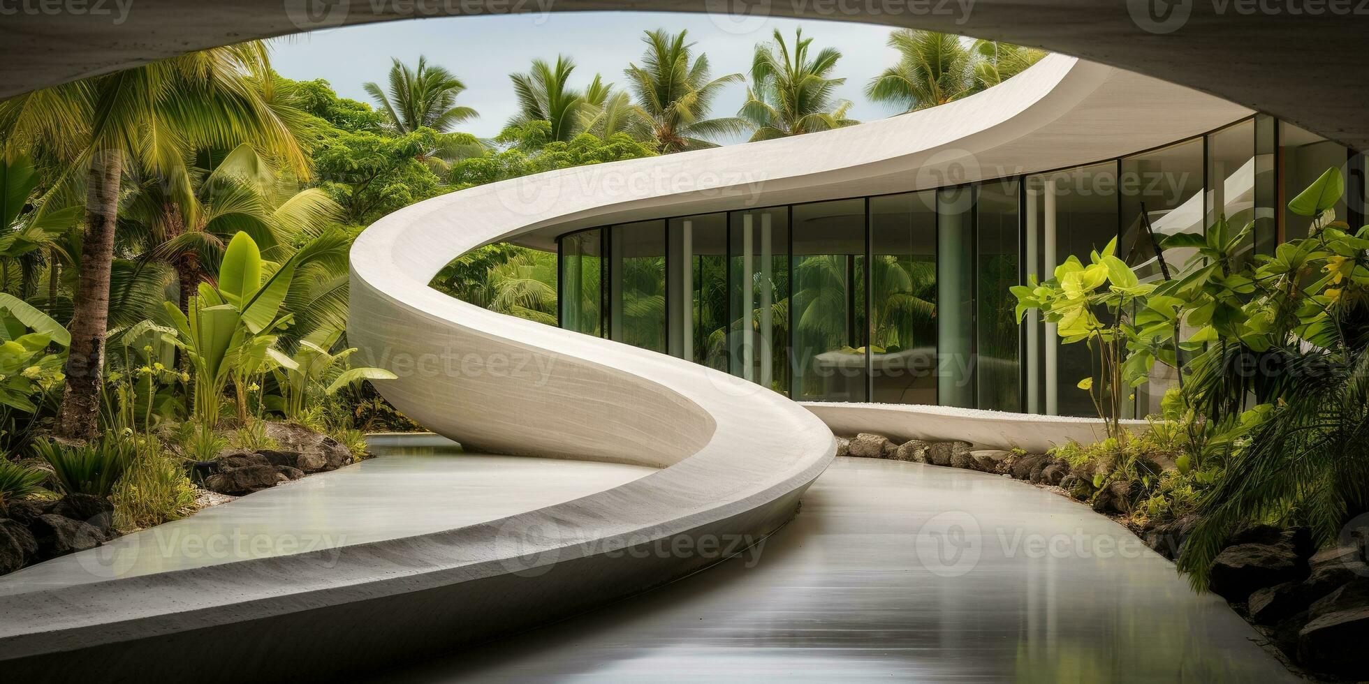 Generative AI, modern luxury house with lush tropical garden. Villa, hotel resort, architectural photography in the style of futuristic curves photo