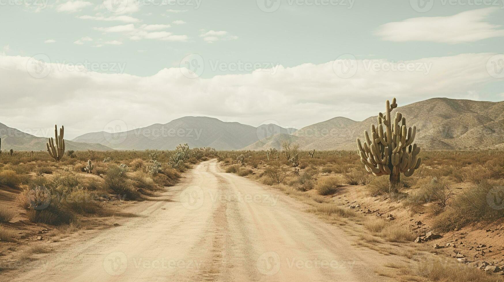 generativo ai, solitario la carretera en el desierto, estético, apagado neutral colores, cactus plantas foto