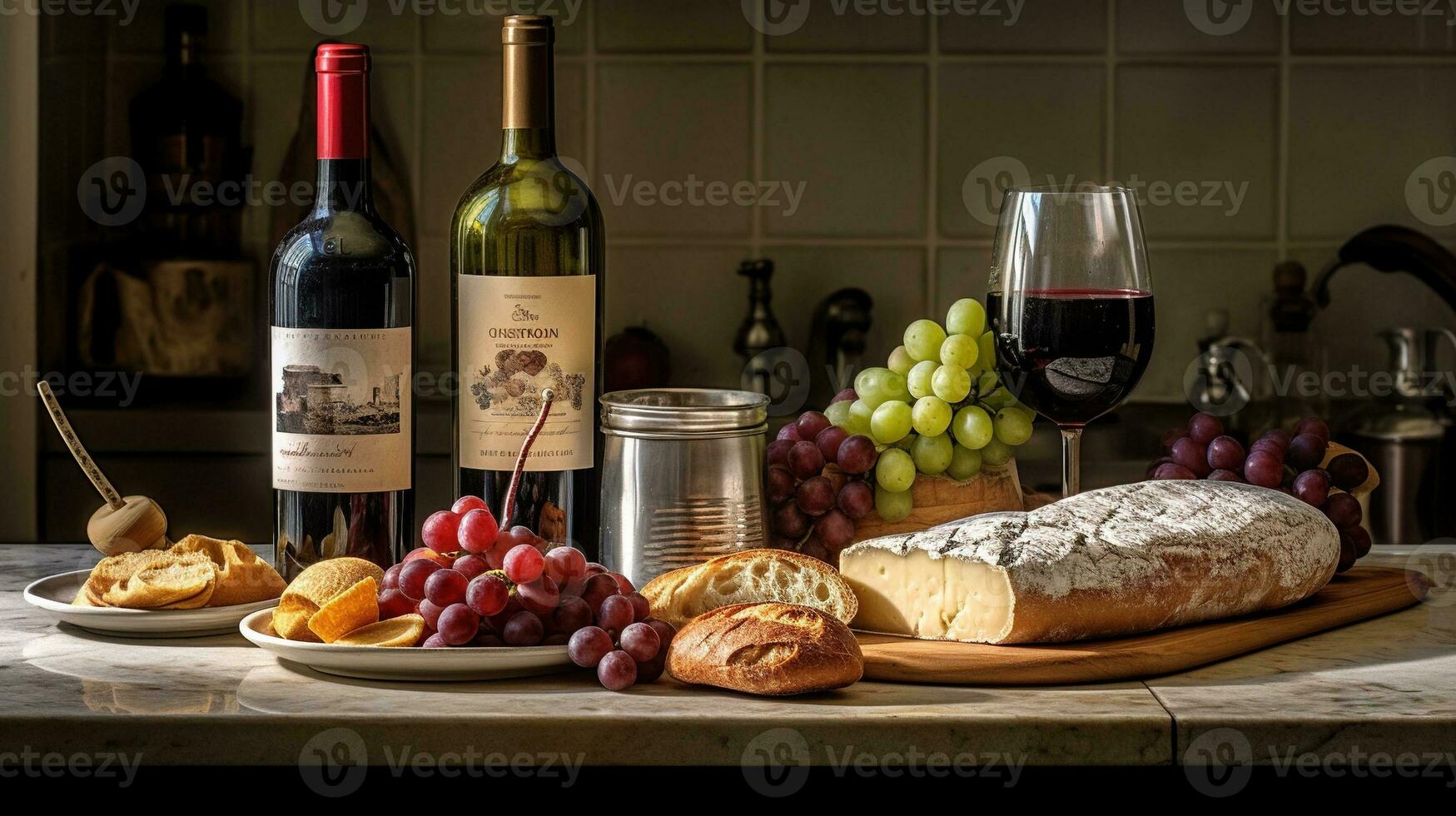 Generative AI, wine still life with grapes, rosemary, prosciutto, blue cheese, figs, bread. photo