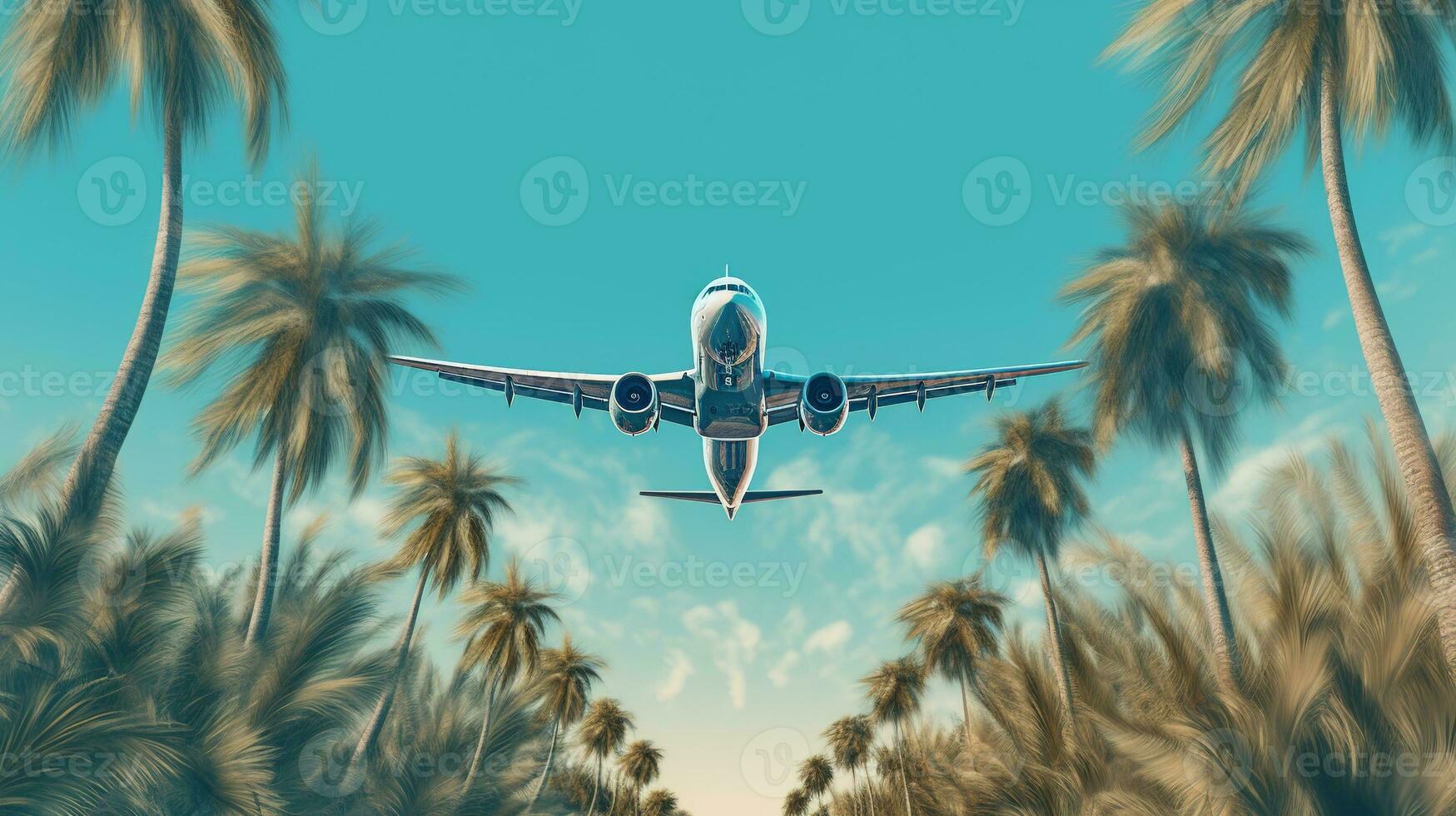 generativo ai, avión volando terminado un tropical isla con palma arboles viajar, vacaciones concepto. hermosa cielo antecedentes foto