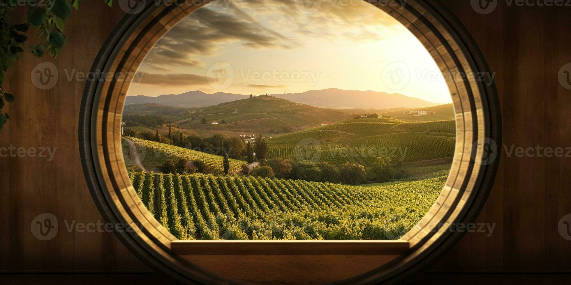 Generative AI, beautiful vineyard with wooden barrels, green landscape. Rows of vines on sunset photo
