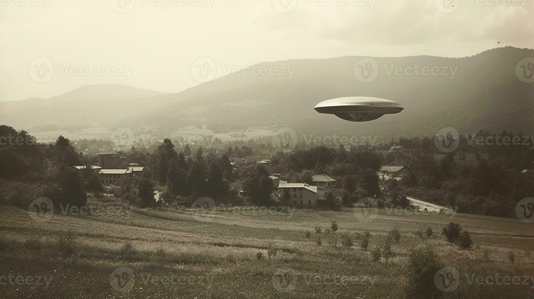 Generative AI, UFO over the Italian landscape vintage photo, aliens witnesses retro 1930s style photography photo