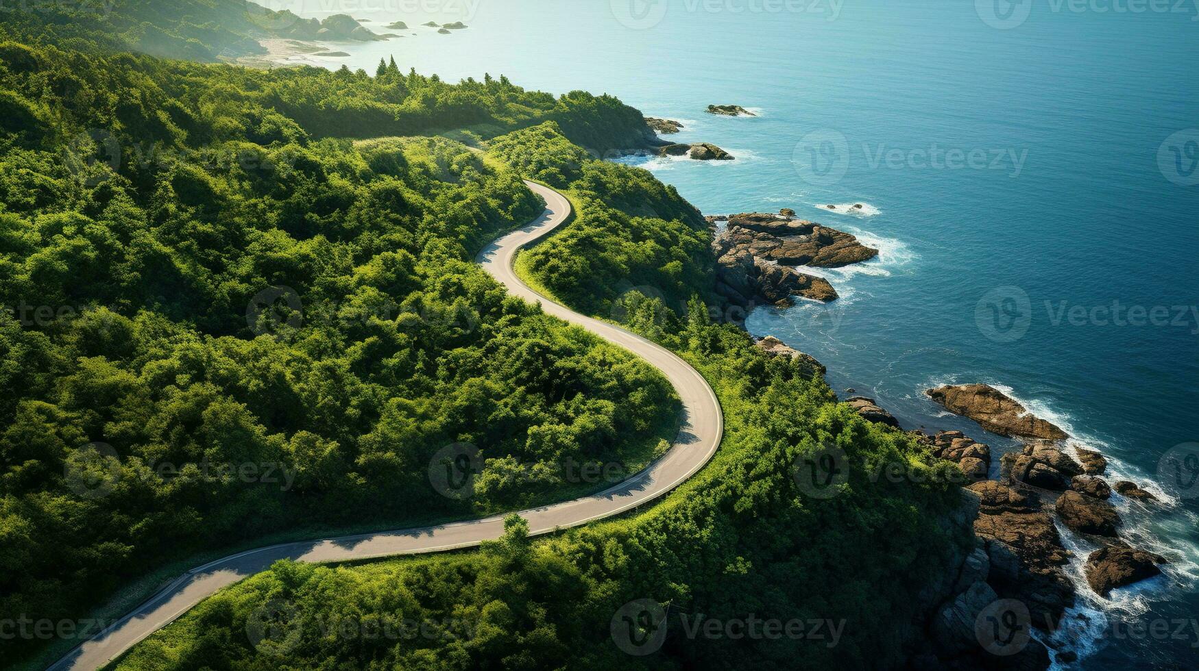 Generative AI, Aerial view of curved asphalt road near the ocean or sea, coastline photo