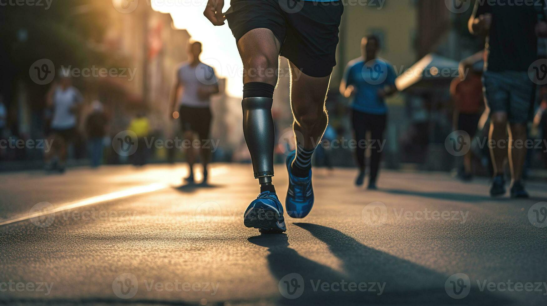Generative AI, person with disability, prosthetic limb running and does not feel obstacles photo