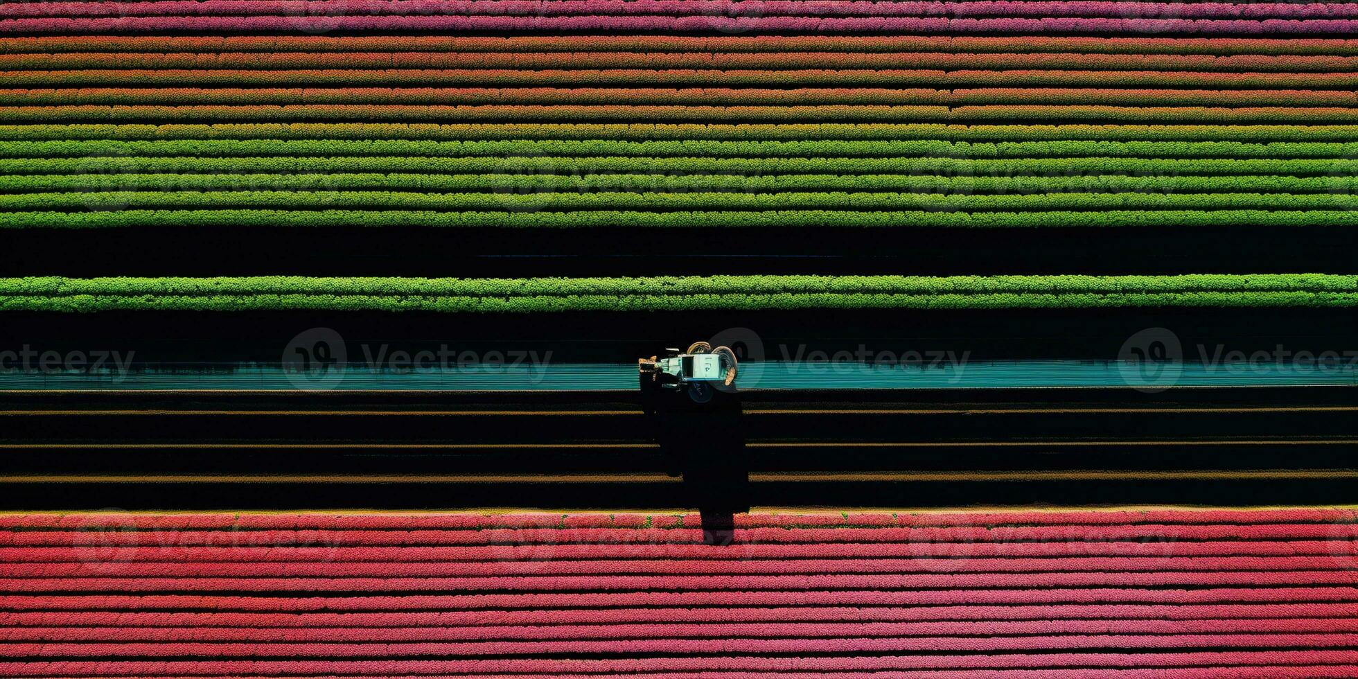 Generative AI, Farm colorful landscape, agricultural fields, beautiful countryside, country road. Nature Illustration, top view drone, horizontal banner. photo