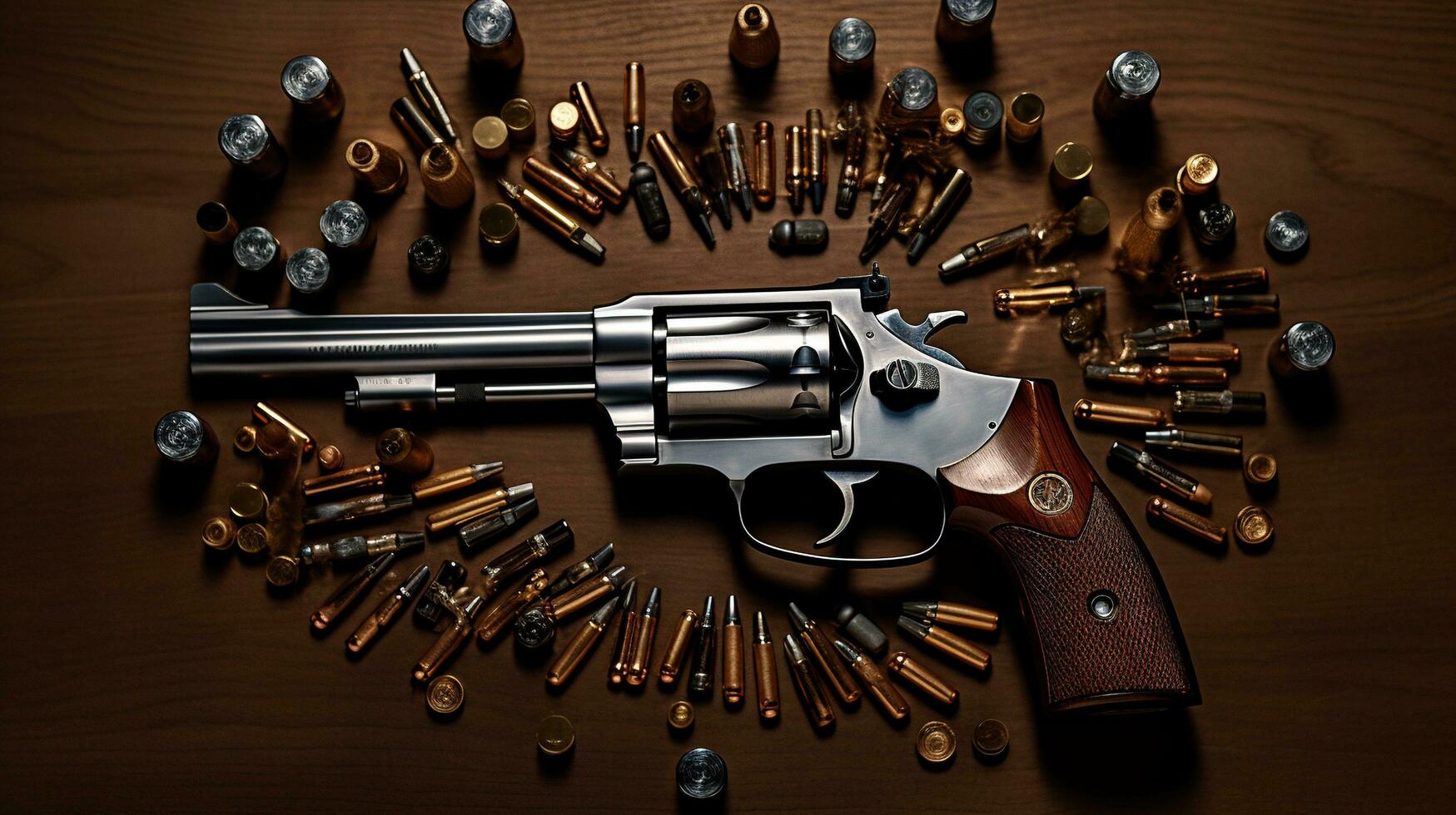 Generative AI, revolver gun with bullets isolated on wooden background, hand gun with ammunition, pistol military weapon photo