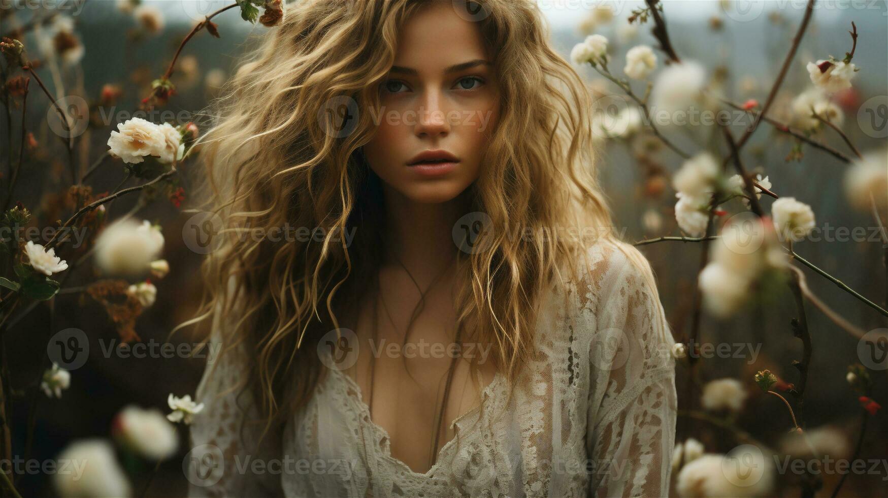 Generative AI, Beautiful girl with no make up in the autumn garden, aesthetic, muted neutral colors photo