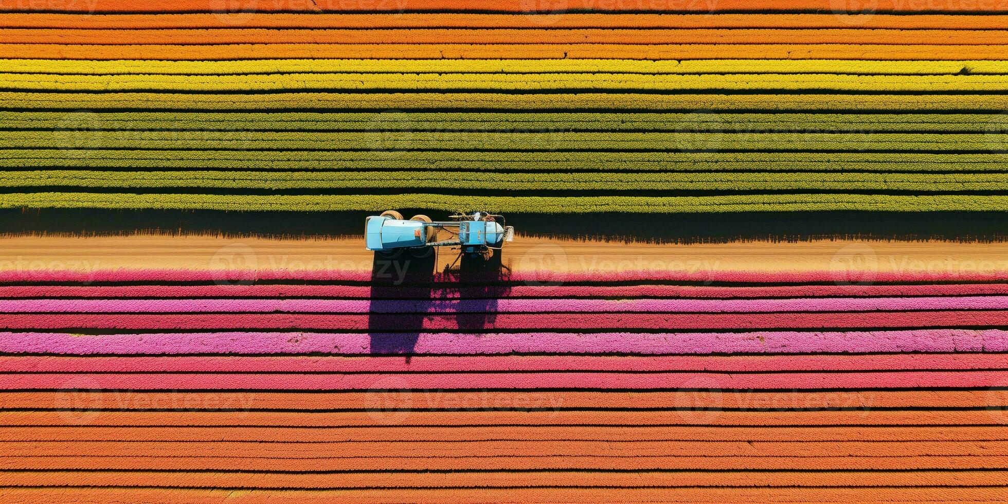 Generative AI, Farm colorful landscape, agricultural fields, beautiful countryside, country road. Nature Illustration, top view drone, horizontal banner. photo