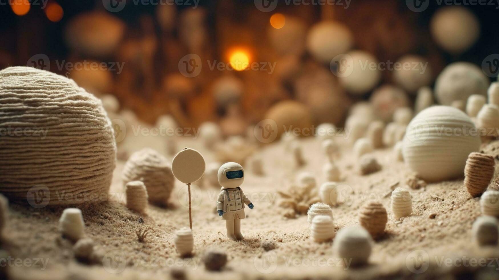 Generative AI, Space adventure illustration made of wool. Cosmic planet craft landscape with astronaut. photo