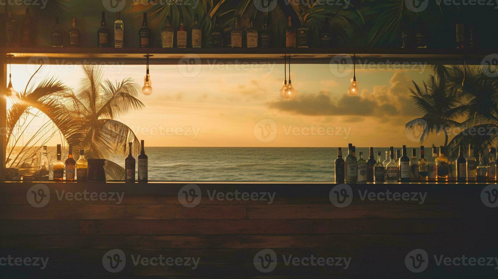 Generative AI, summer sunset beach bar background. Outdoor restaurant, Led light candles and wooden tables, chairs under beautiful sunset sky, sea view. photo