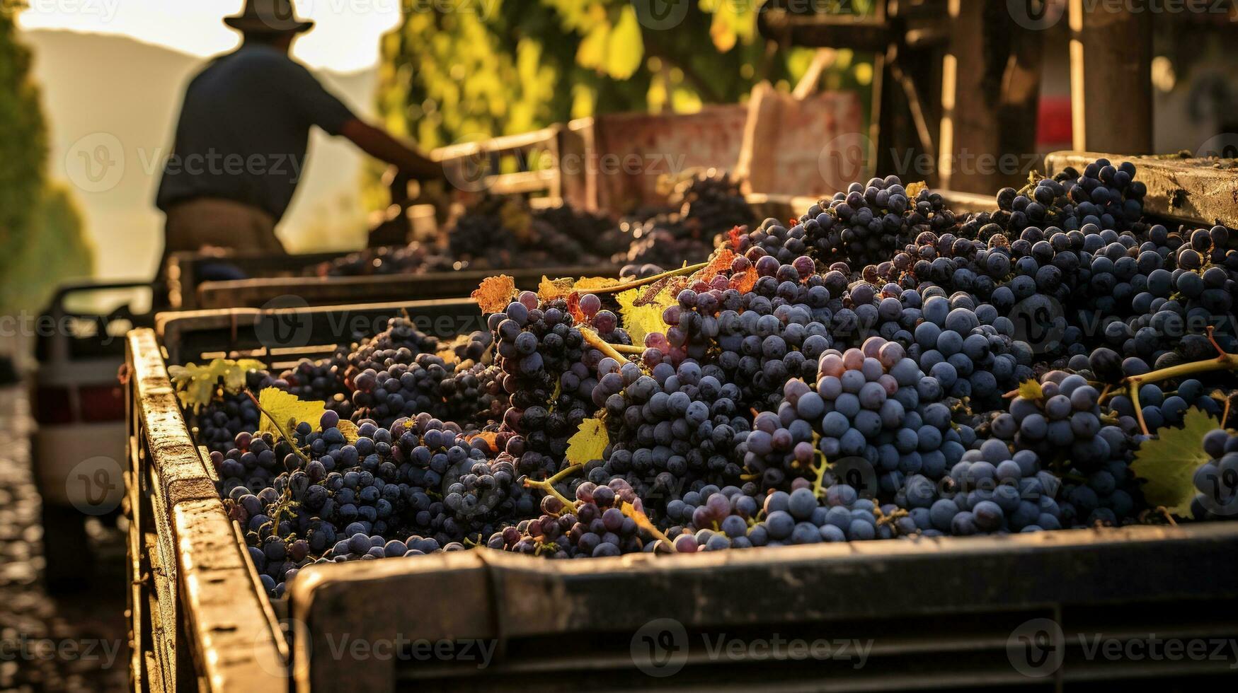 Generative AI, Fresh grapes in a truck, grape harvest at a vineyard photo