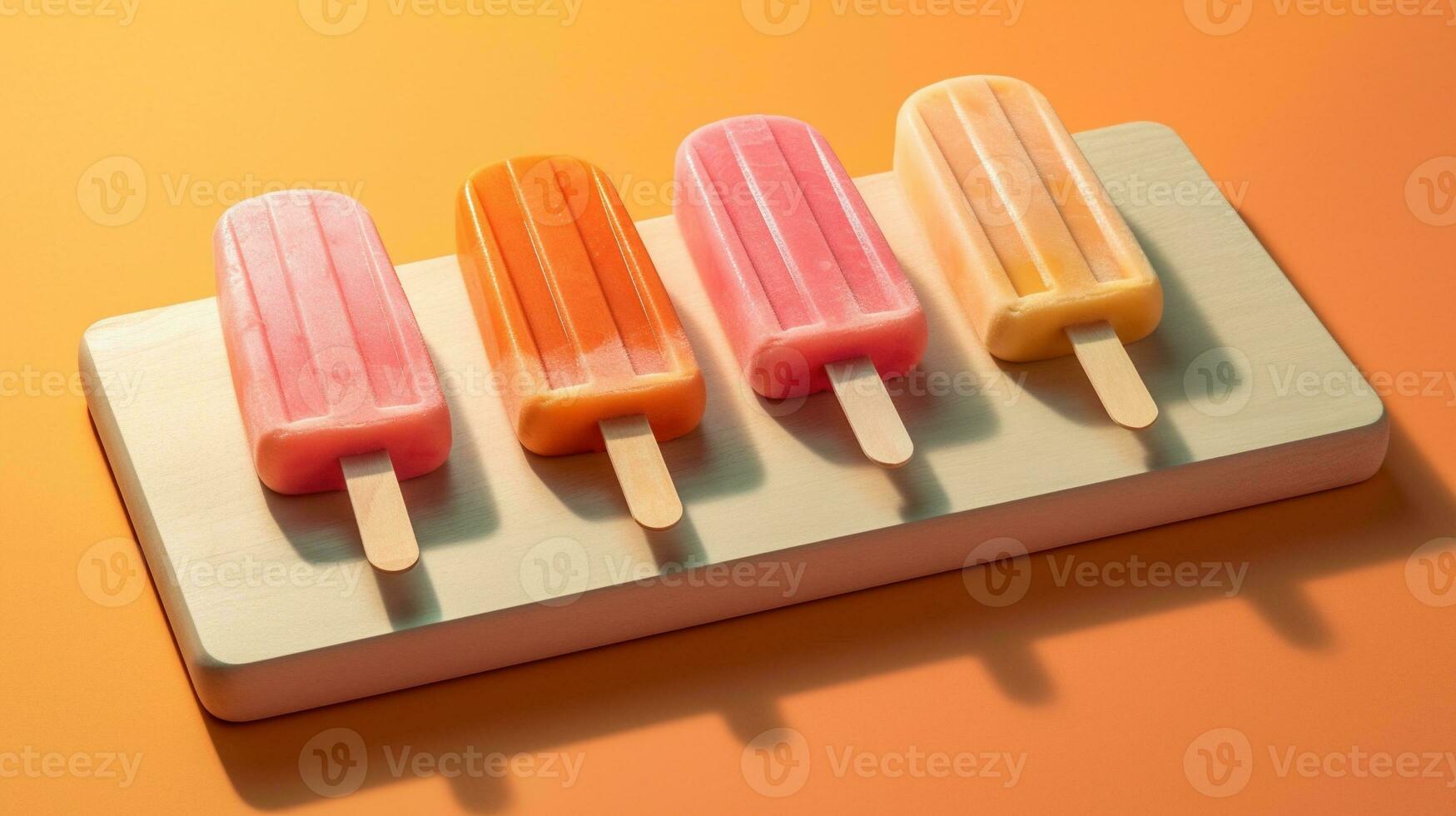 Generative AI, Fruit ice cream or sorbet on a stick, bright color, summer mood, panoramic view photo