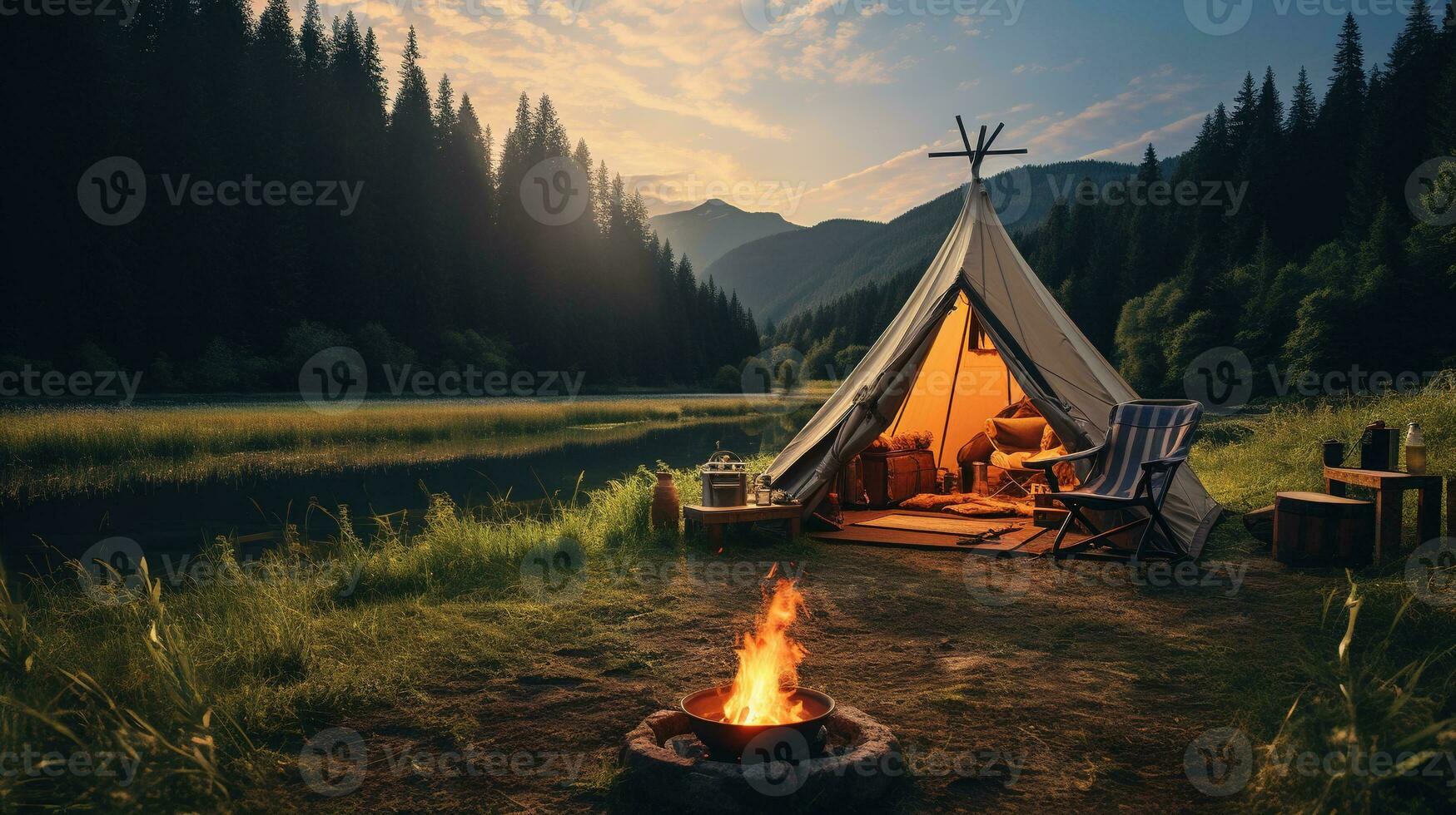 Generative AI, Camping outdoor concept near the lake or river, tourist camp on the beautiful green landscape with mountains photo