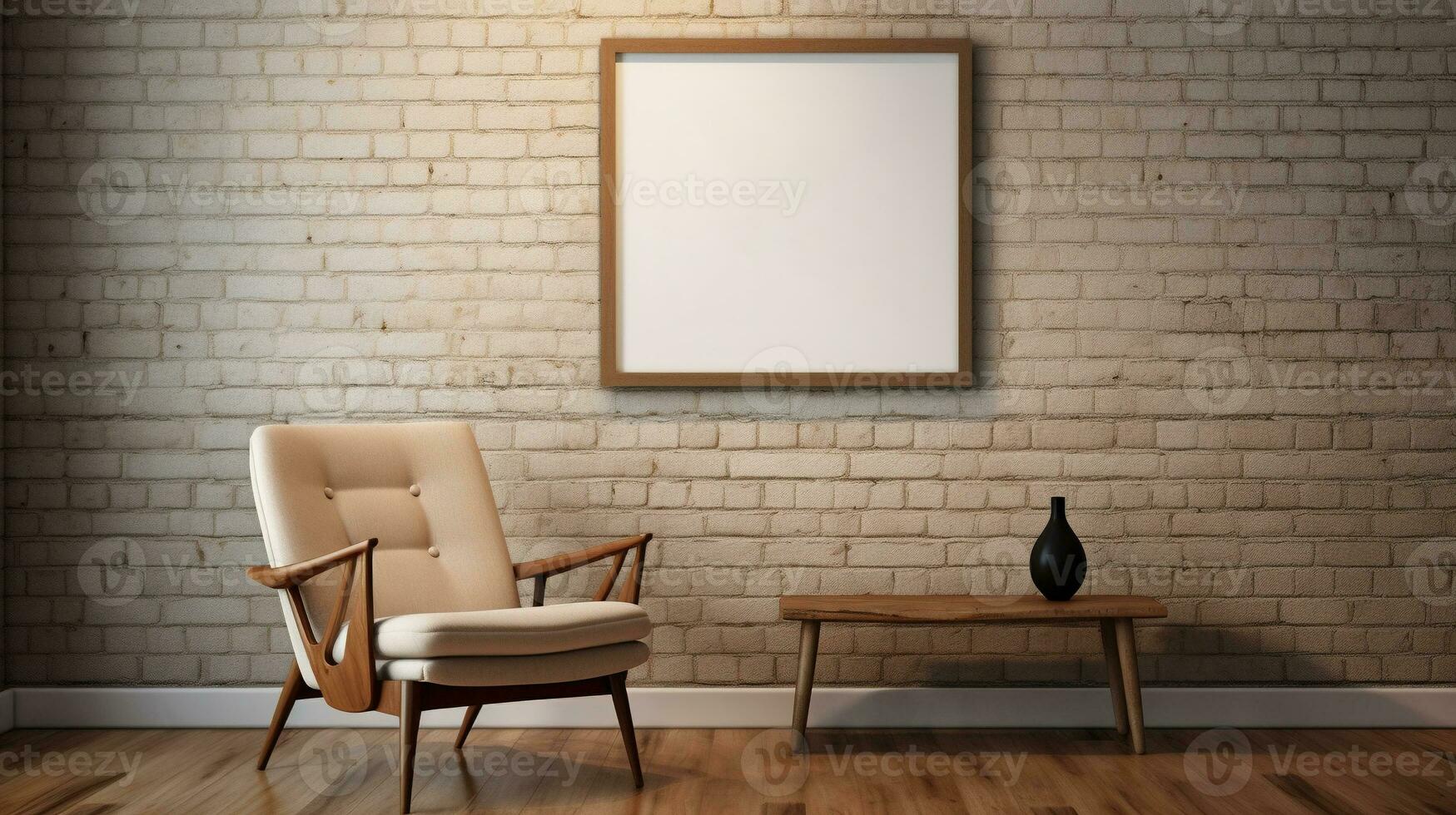 Generative AI, Poster frame mockup in beige and brown living room interior, wabi sabi minimalism style photo