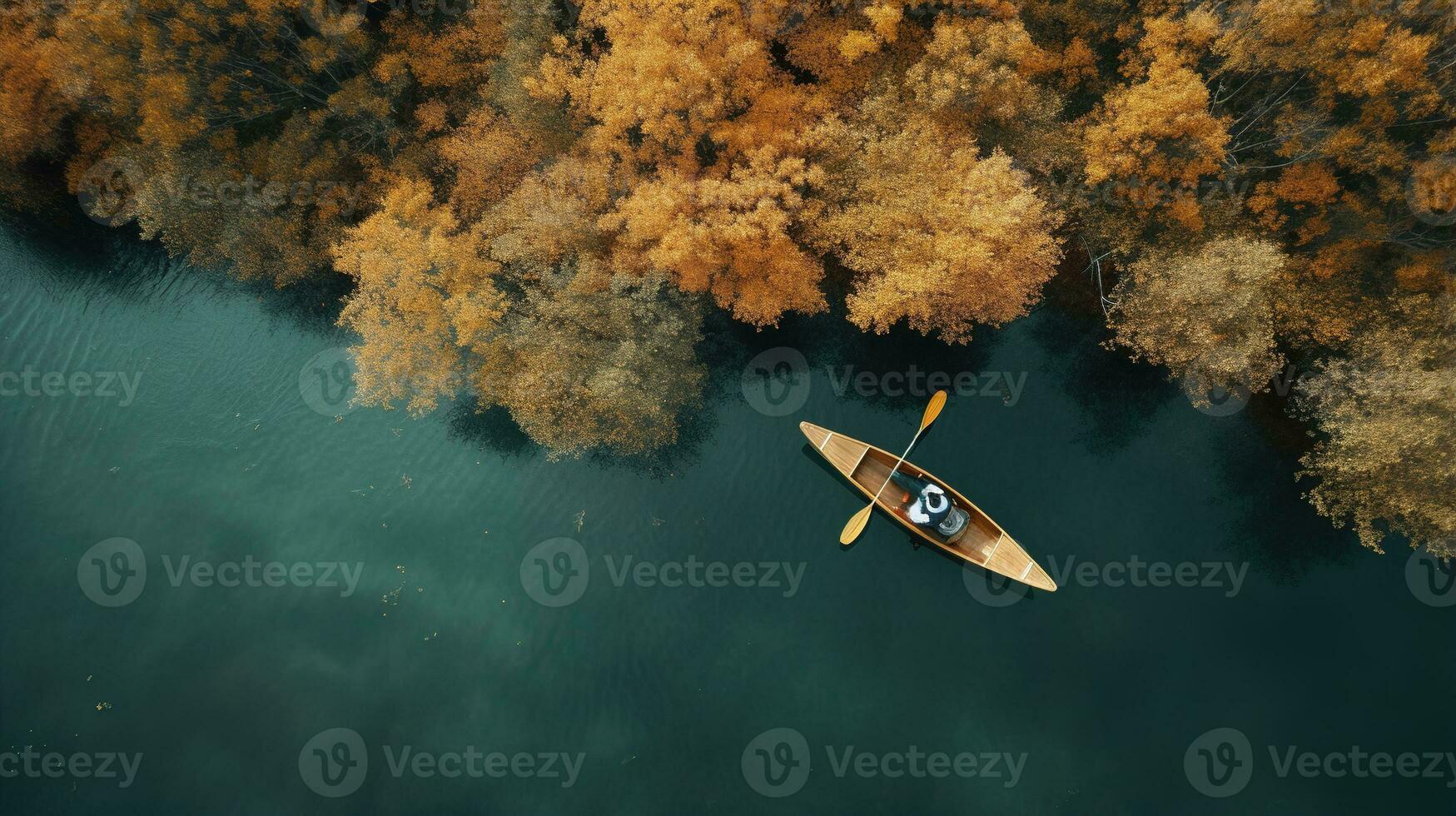 Generative AI, boat at the calm lake in autumn with serene water around, fall landscape photo