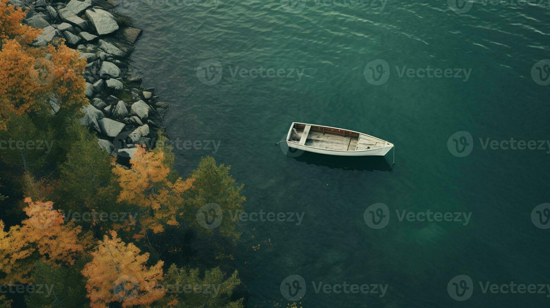 Generative AI, boat at the calm lake in autumn with serene water around, fall landscape photo