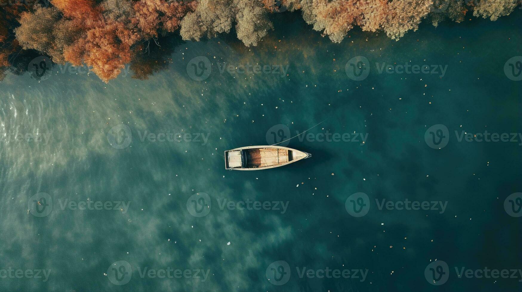 Generative AI, boat at the calm lake in autumn with serene water around, fall landscape photo