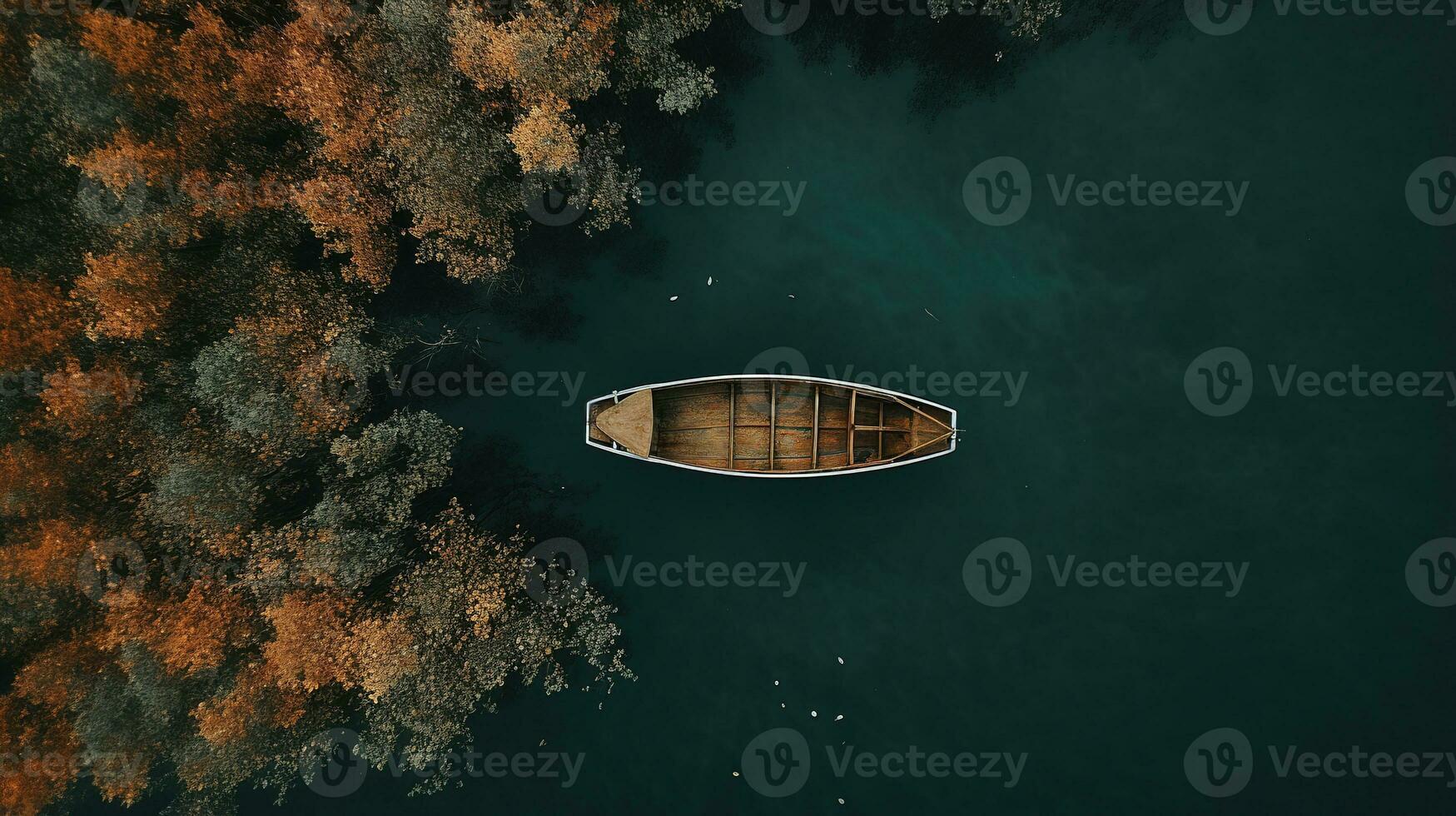 Generative AI, boat at the calm lake in autumn with serene water around, fall landscape photo