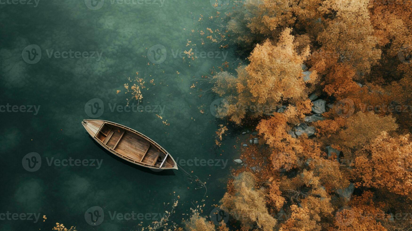 Generative AI, boat at the calm lake in autumn with serene water around, fall landscape photo