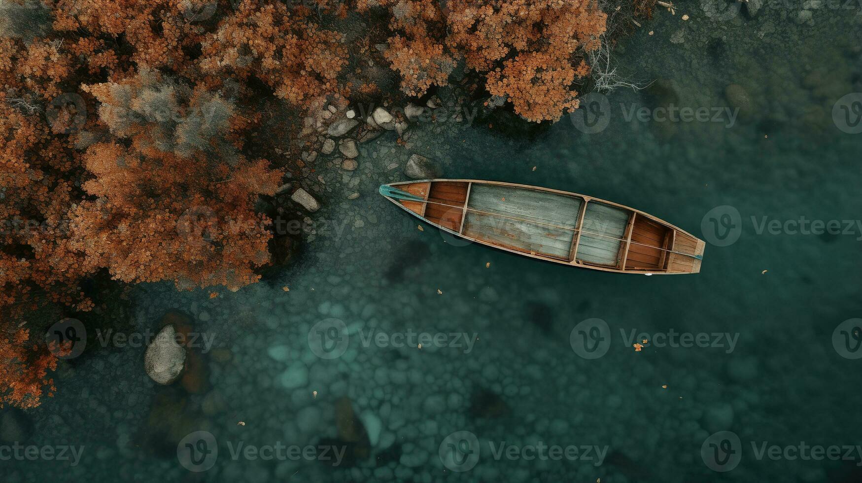 Generative AI, boat at the calm lake in autumn with serene water around, fall landscape photo