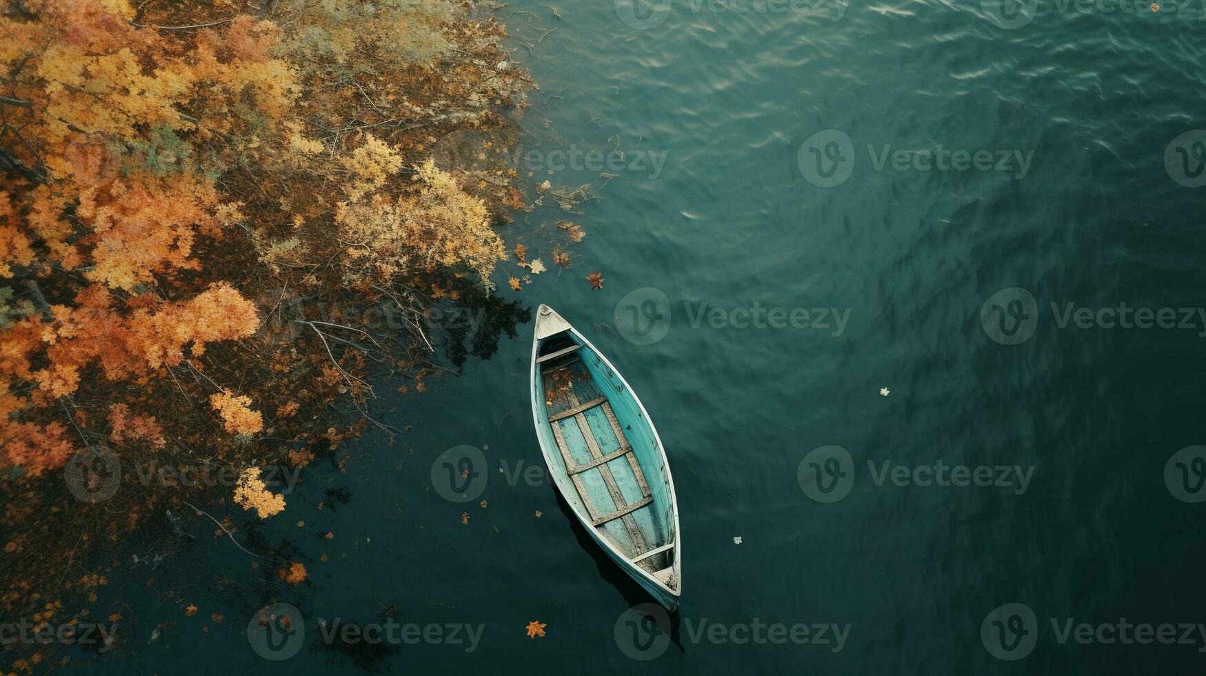 Generative AI, boat at the calm lake in autumn with serene water around, fall landscape photo