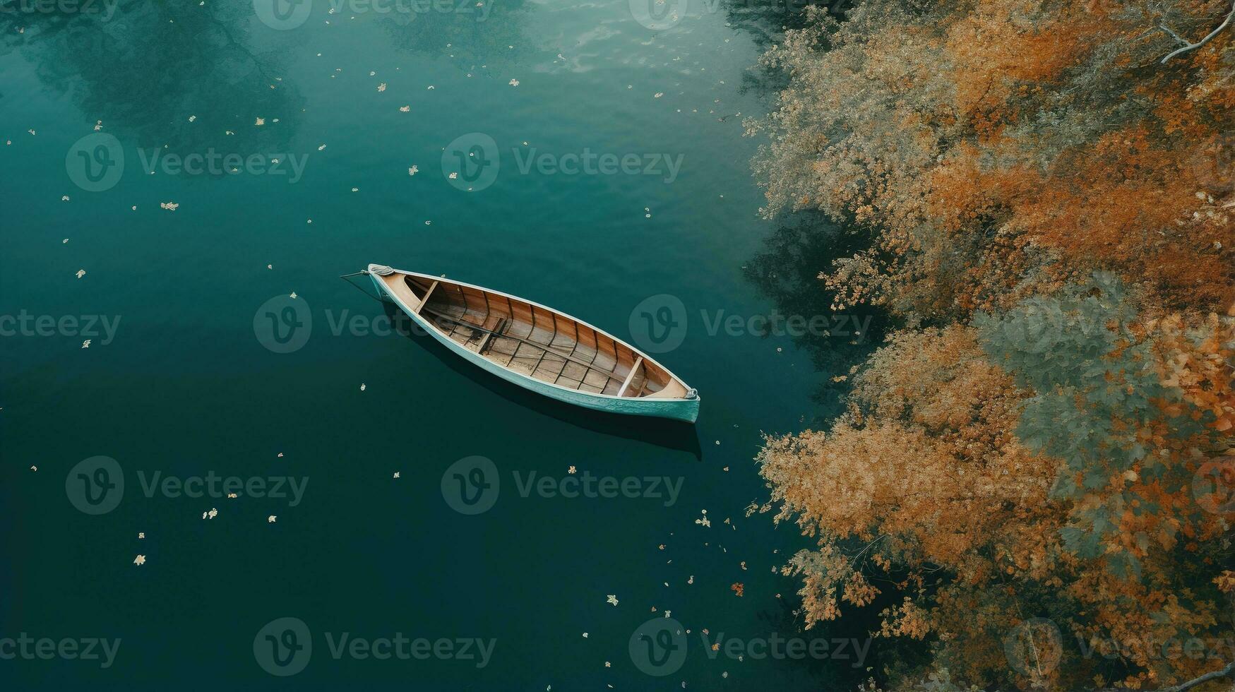 Generative AI, boat at the calm lake in autumn with serene water around, fall landscape photo