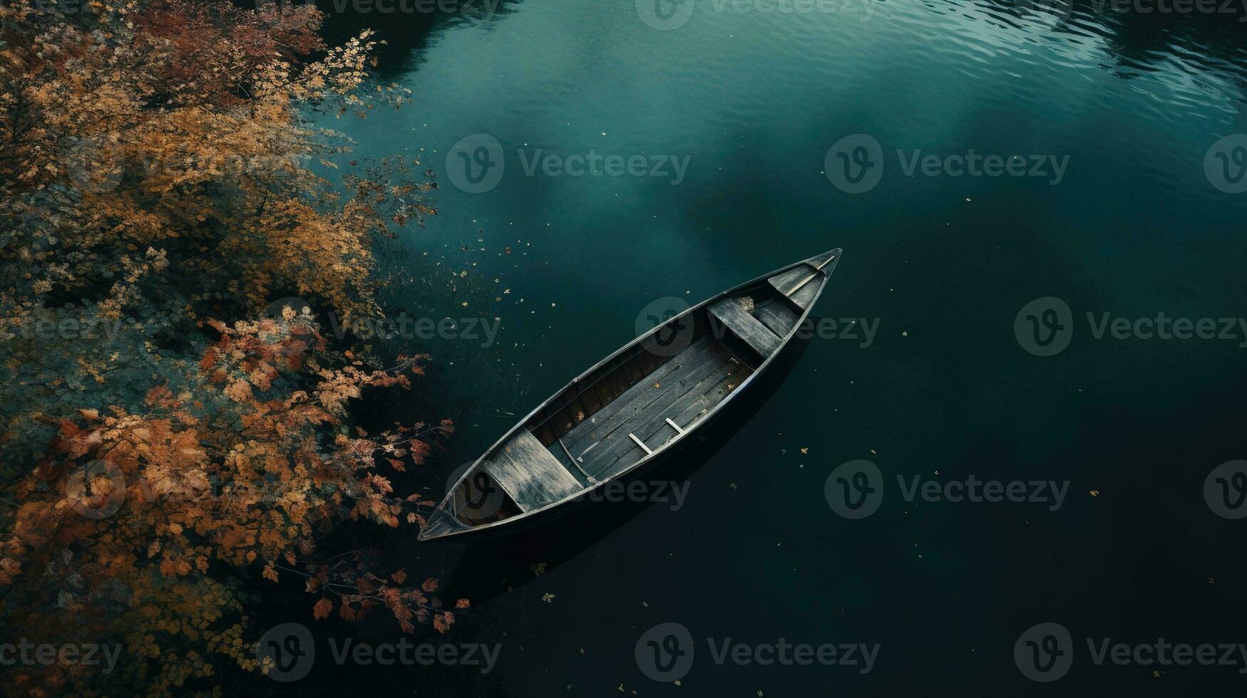 Generative AI, boat at the calm lake in autumn with serene water around, fall landscape photo