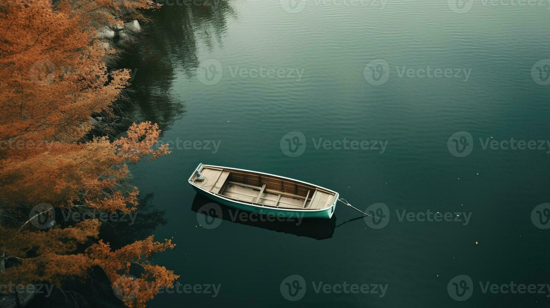 Generative AI, boat at the calm lake in autumn with serene water around, fall landscape photo