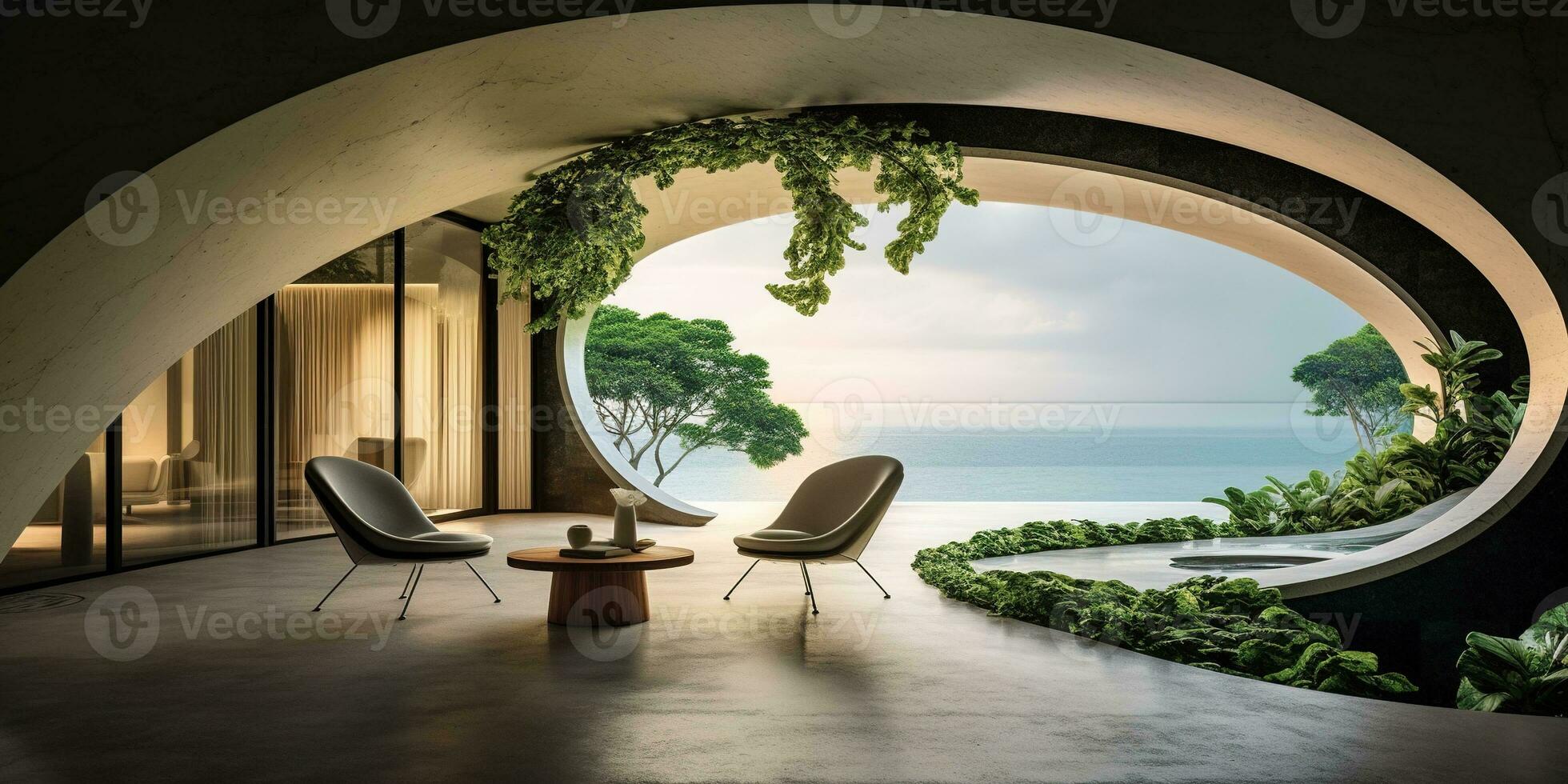 Generative AI, modern luxury house with lush tropical garden. Villa, hotel resort, architectural photography in the style of futuristic curves photo