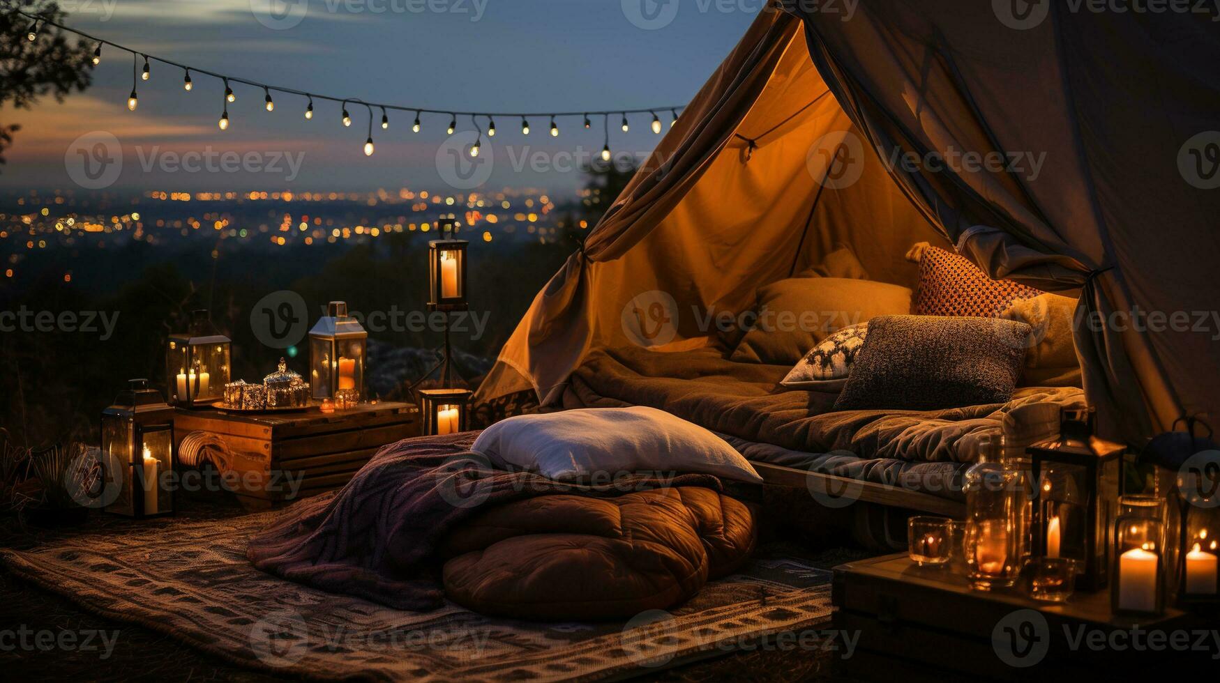 Generative AI, romantic camping with lantern lights, pillows, blanket. City view in the evening photo