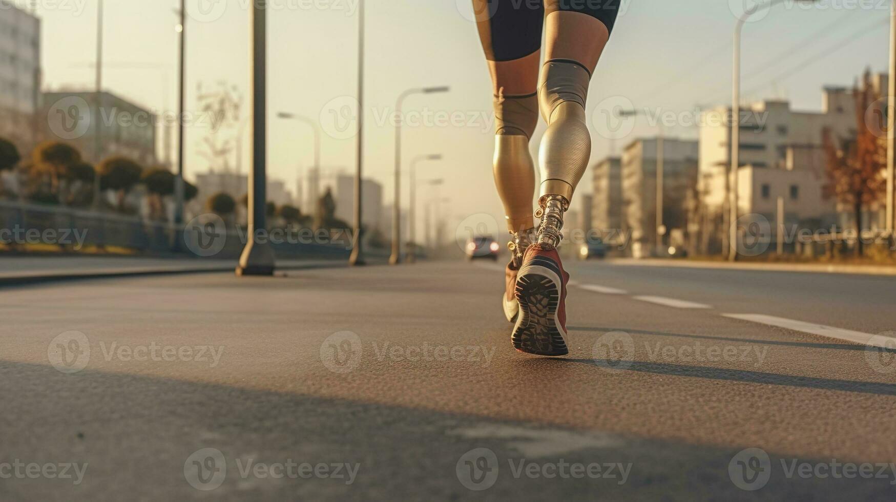 Generative AI, person with disability, prosthetic limb running and does not feel obstacles photo