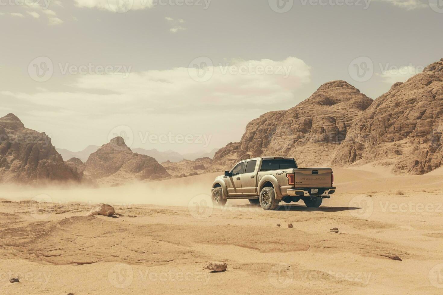 Generative AI, Off road car driving on a winding mountain desert road, surrounded by breathtaking views of the rugged terrain photo