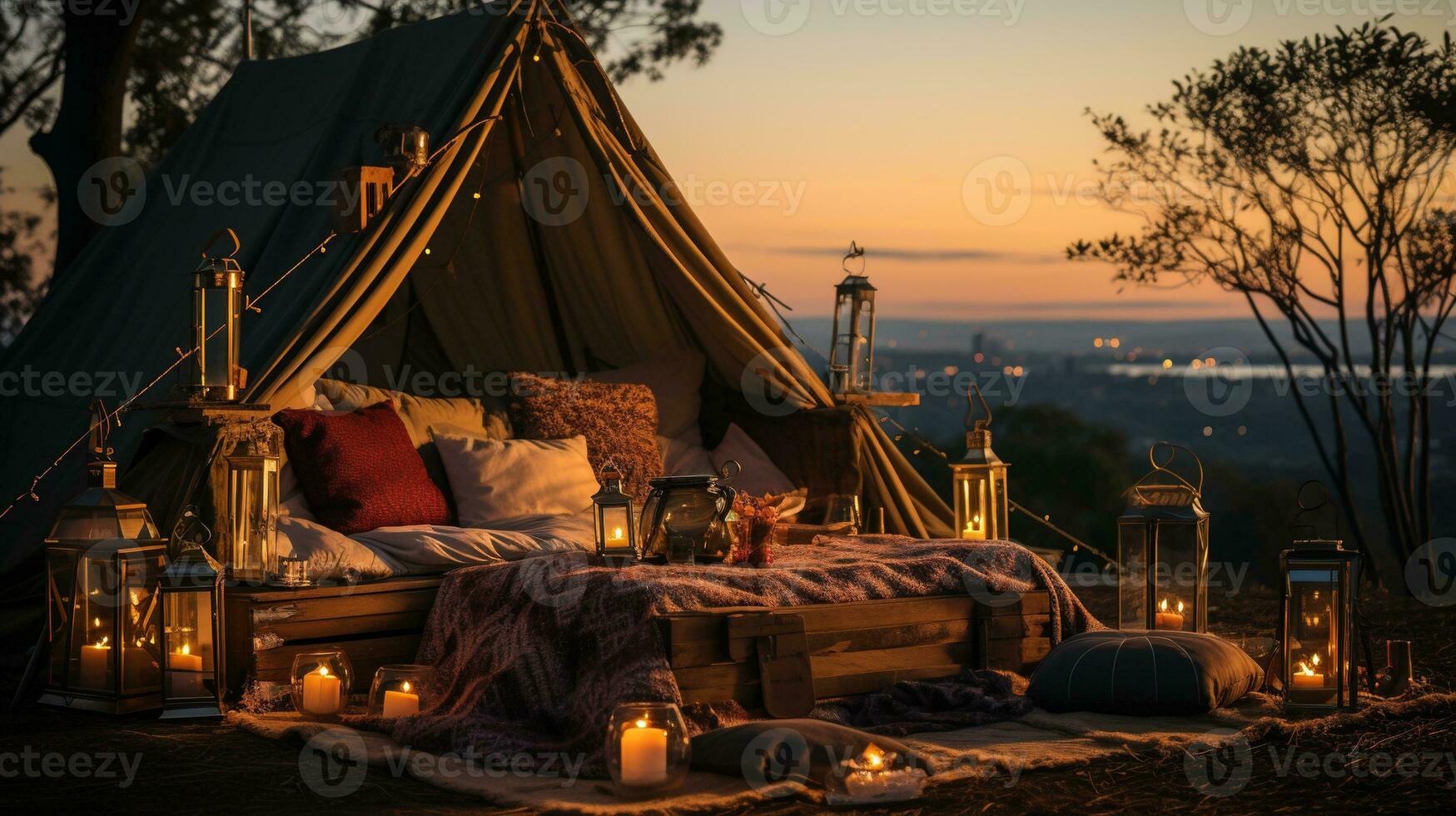 Generative AI, romantic camping with lantern lights, pillows, blanket. City view in the evening photo