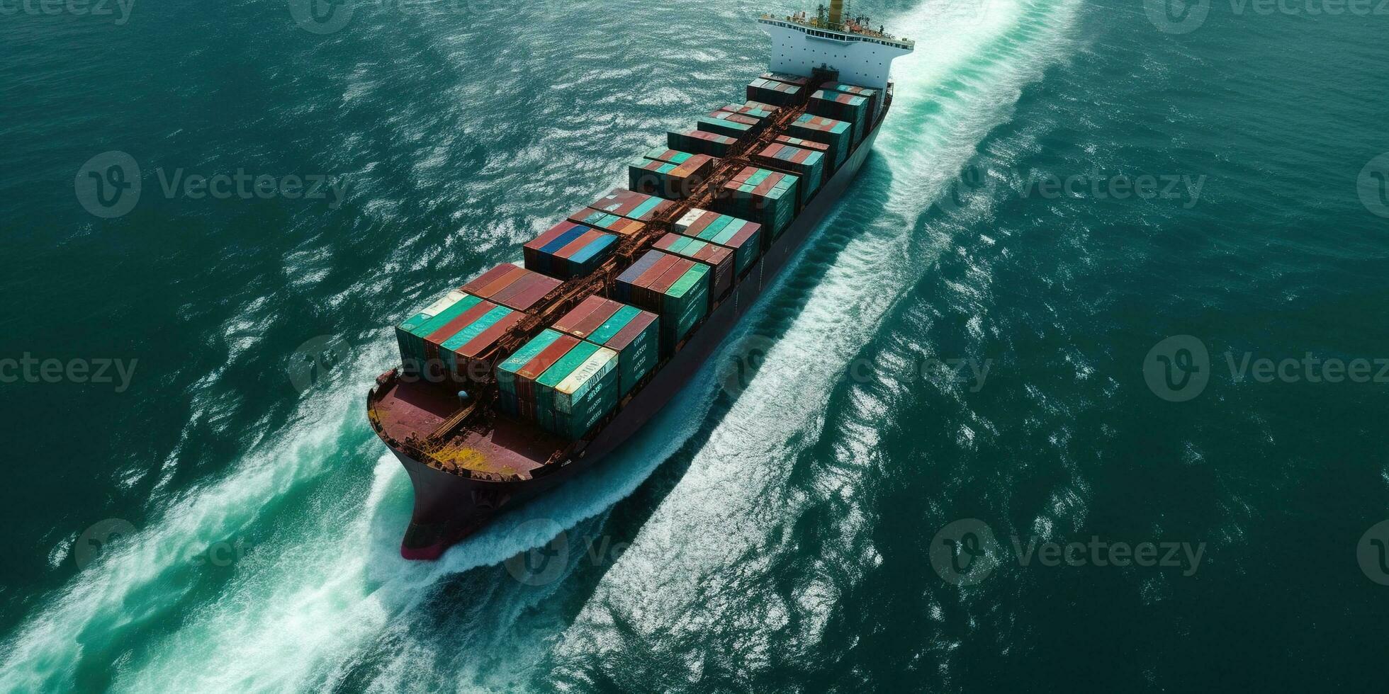 Generative AI, container ship in import export and business logistic. Aerial view, water transport, cargo shipping in open sea. photo